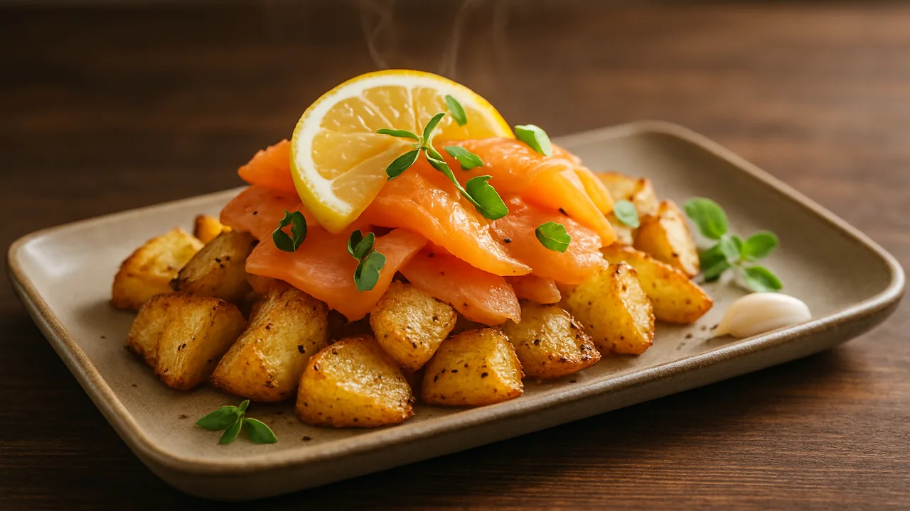 Zitronen-Räucherlachs mit Frühlingszwiebel aus dem Airfryer mit Kartoffeln und Oregano, auf dunklem Walnussholz angerichtet.