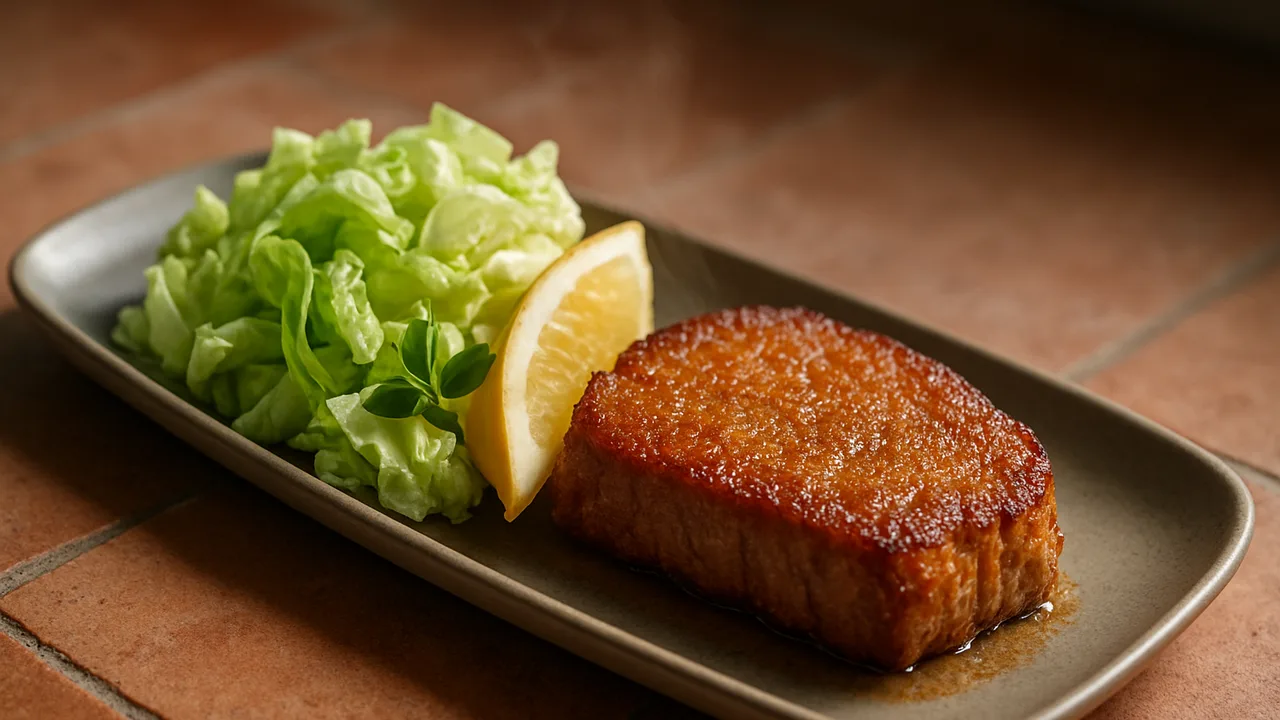 Zitronen-Rinderfilet mit Eisbergsalat aus dem Airfryer mit Rinderfilet und Zitrone, auf Terracotta-Fliesen angerichtet.
