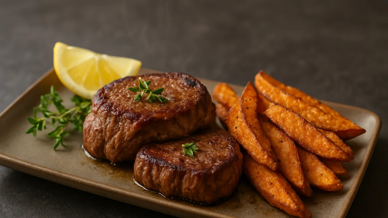 Zitronen-Rinderfilet mit Süßkartoffel aus dem Airfryer mit Rinderfiletsteaks und Süßkartoffel, auf dunklem Schiefer …