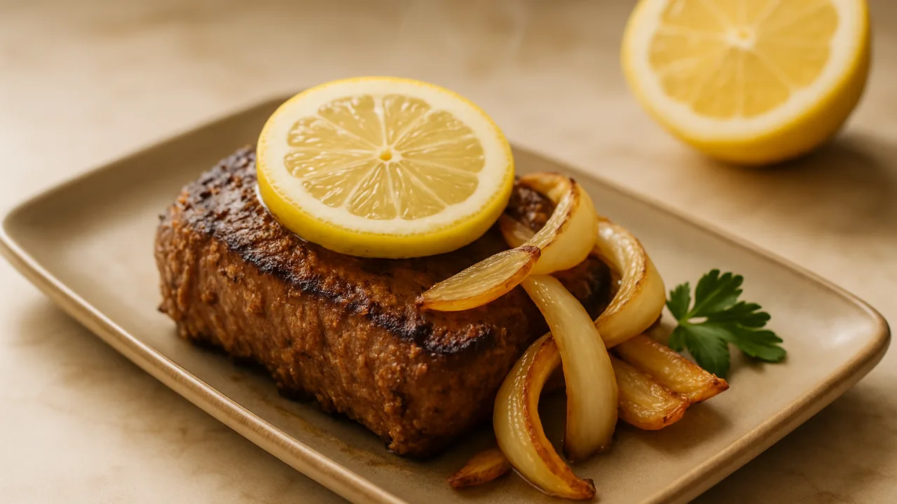 Zitronen-Rinderfilet mit Zwiebel aus dem Airfryer mit Rinderfilet und Zwiebel, auf beigem Marmor angerichtet.