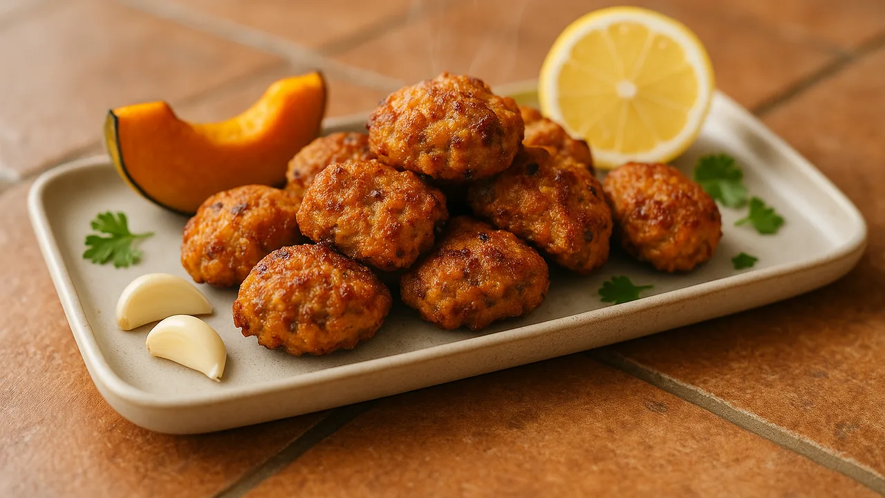 Zitronen-Rinderhackfleisch Nuggets mit Kürbis aus dem Airfryer mit Rinderhackfleisch und Zitrone, auf Terracotta-Fliesen …