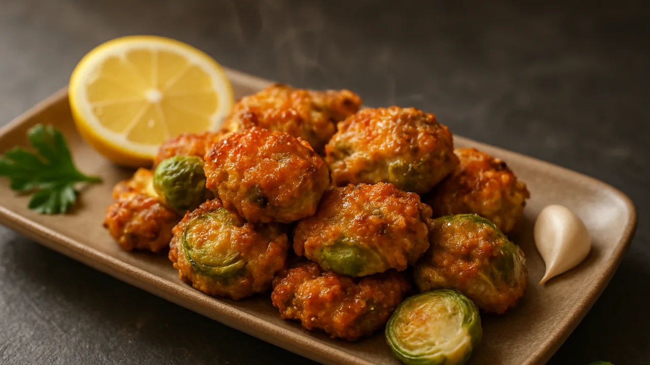 Zitronen-Rosenkohl-Ei-Röstchen aus dem Airfryer mit Rosenkohl und Sojasauce, auf dunklem Schiefer angerichtet.