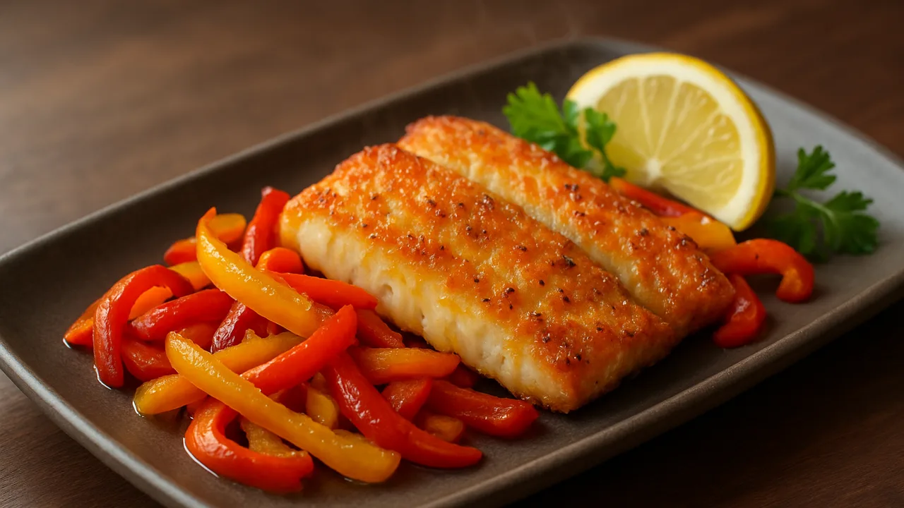Zitronen-Rotbarsch mit Paprika aus dem Airfryer mit Rotbarschfilets und Paprika, auf dunklem Walnussholz angerichtet.