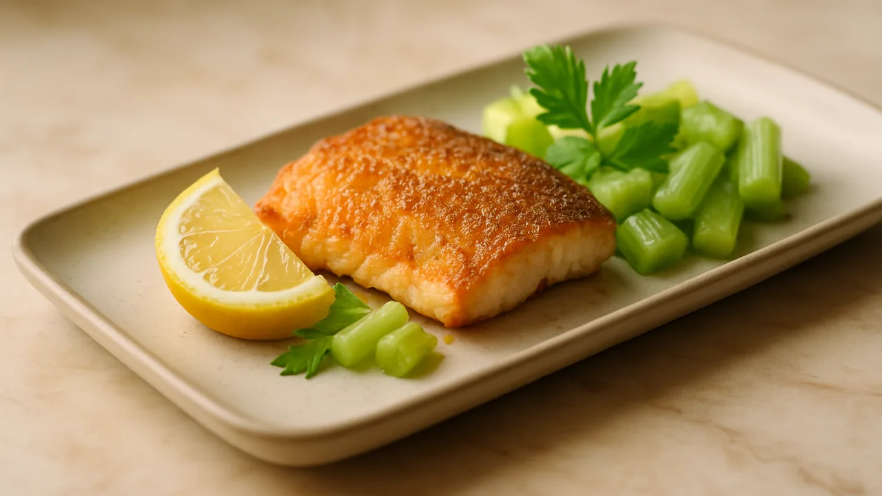 Zitronen-Rotbarsch mit Sellerie aus dem Airfryer mit Rotbarschfilet und Staudensellerie, auf beigem Marmor angerichtet.