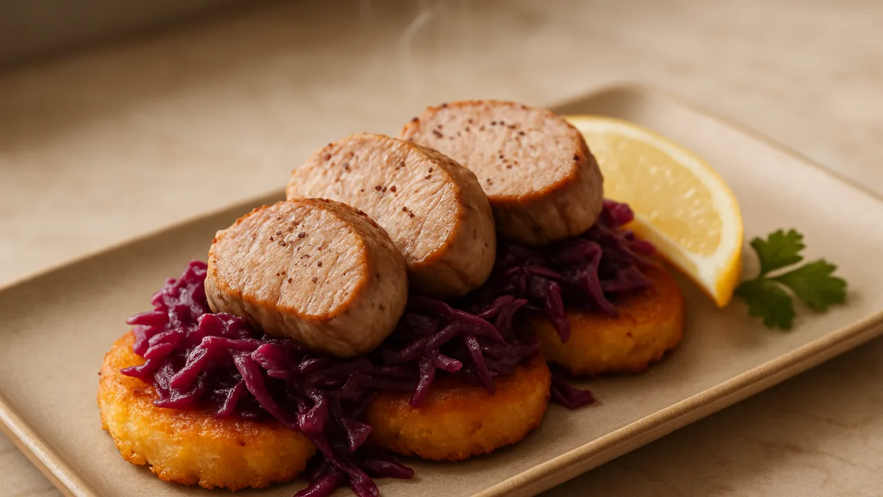 Zitronen-Rotkohl-Schweinefilet-Röstchen aus dem Airfryer mit Schweinefilet und Rotkohl, auf beigem Marmor angerichtet.