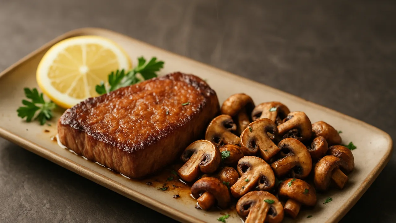 Zitronen-Rumpsteak-Champignons-Schale aus dem Airfryer mit Rumpsteak und Champignons, auf dunklem Schiefer angerichtet.