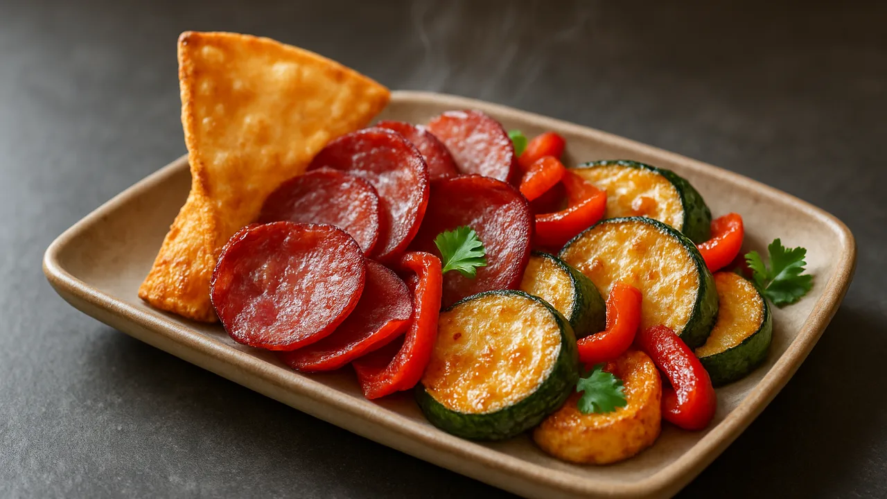 Zitronen-Salami Bowl mit Tortilla und Zucchini aus dem Airfryer mit Salami und Zucchini, auf dunklem Schiefer angerichtet.
