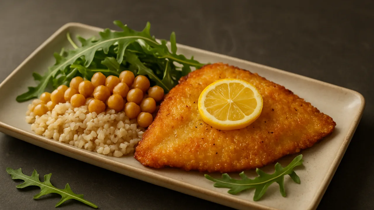 Zitronen-Scholle Bowl mit Haferflocken und Rucola aus dem Airfryer mit Schollenfilet und Haferflocken, auf dunklem Schiefer …