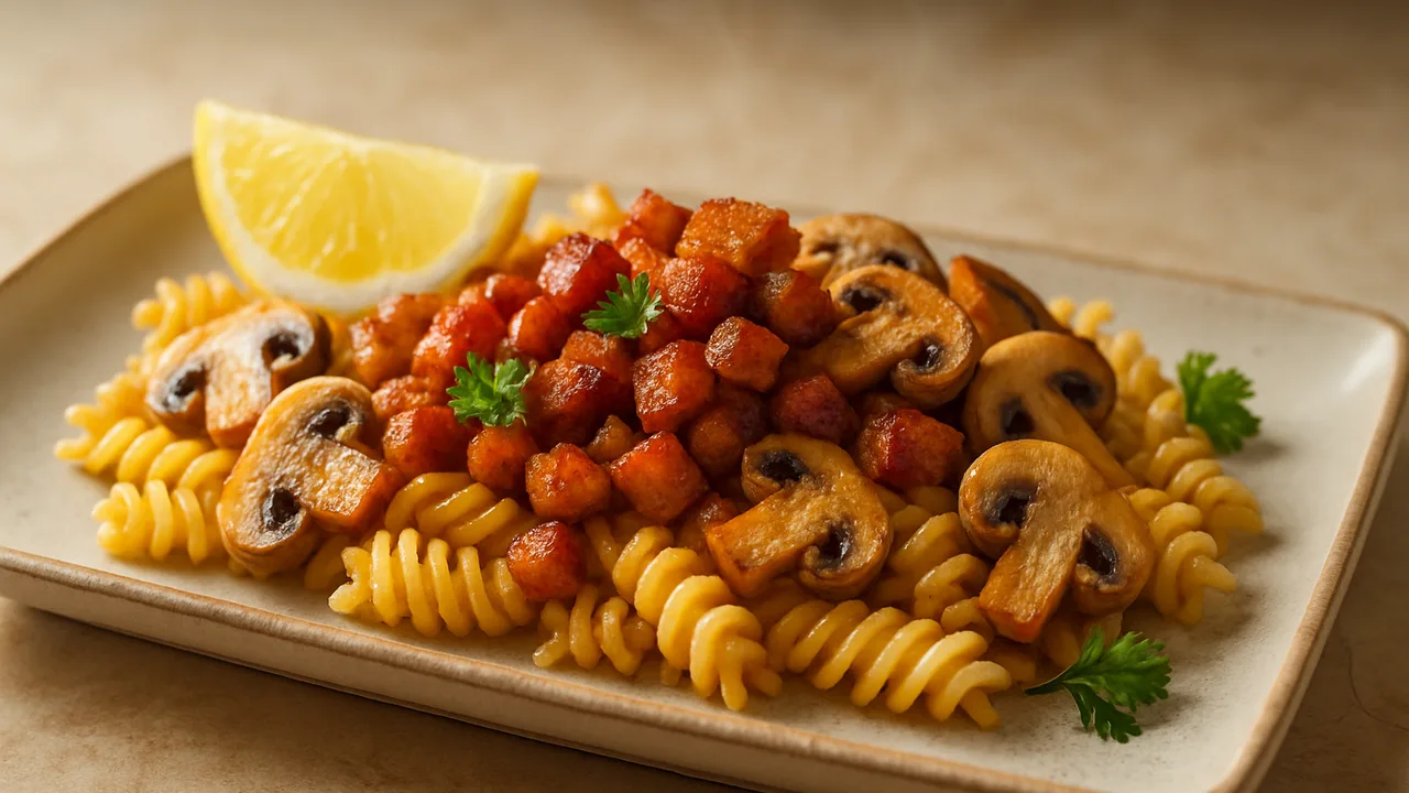 Zitronen-Speck Bowl mit Nudeln und Champignons aus dem Airfryer mit Speckwürfel und Champignons, auf beigem Marmor …