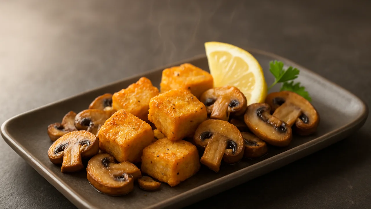 Zitronen-Tofu Nuggets mit Champignons aus dem Airfryer mit Tofu und Champignons, auf dunklem Schiefer angerichtet.