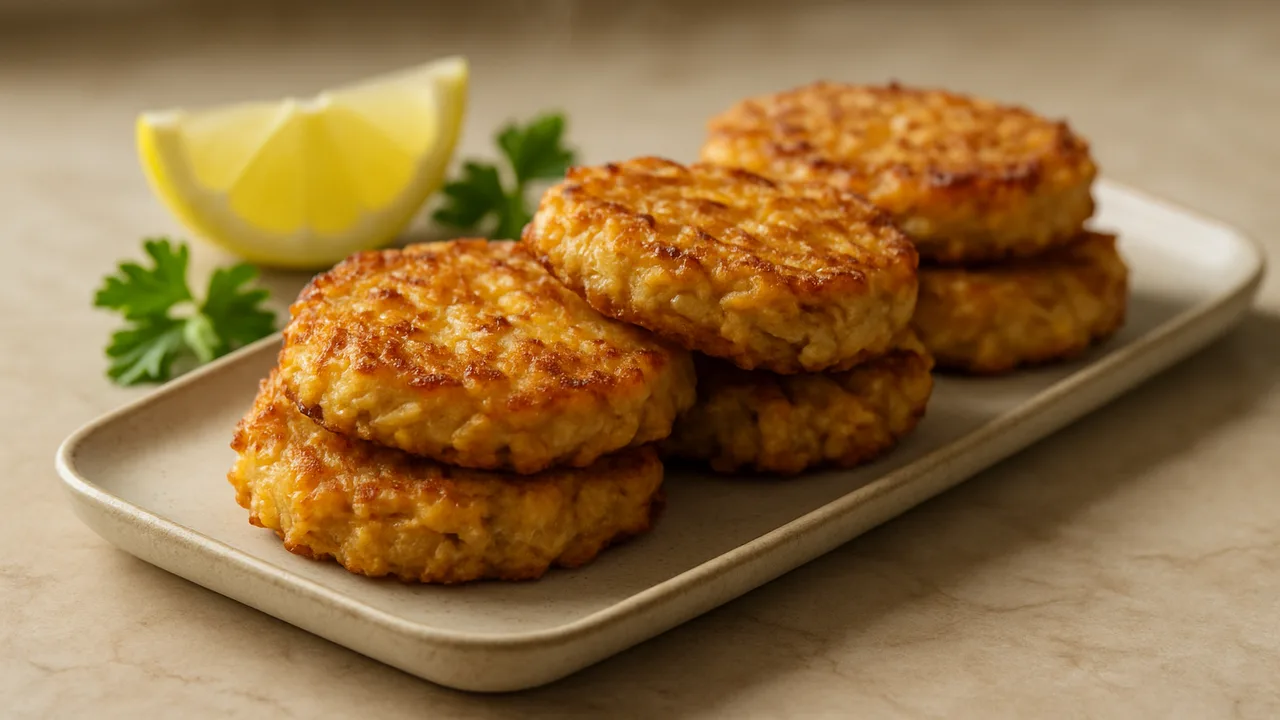 Zitronen-Weißkohl-Thunfisch-Röstchen aus dem Airfryer mit Weißkohl und Thunfisch, auf beigem Marmor angerichtet.