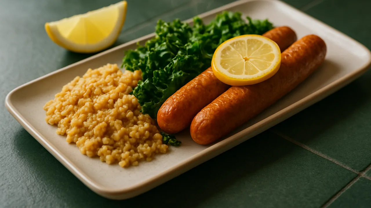 Zitronen-Wiener-Würstchen-Bowl mit Haferflocken und Grünkohl aus dem Airfryer mit Wiener Würstchen und Grünkohl, auf …