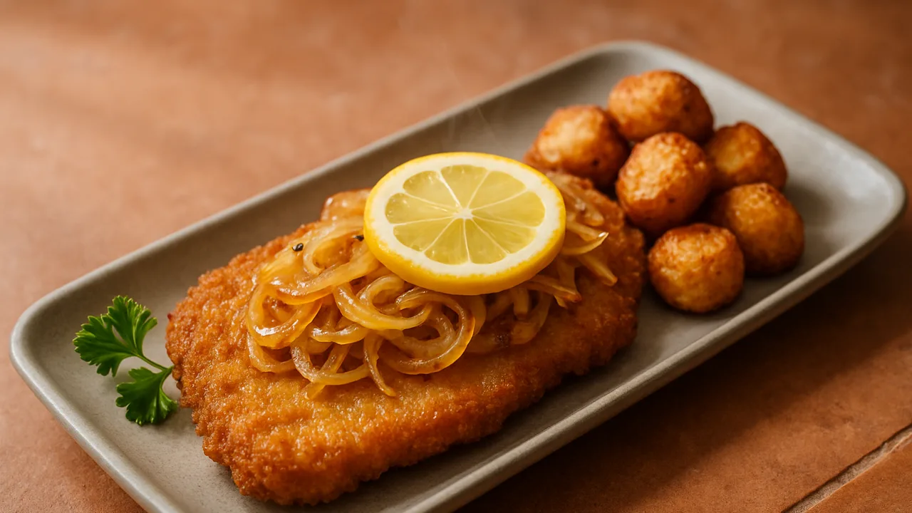 Zitronen-Zwiebel-Kalbsschnitzel-Röstchen aus dem Airfryer mit Kalbsschnitzel und Zwiebeln, auf Terracotta-Fliesen …
