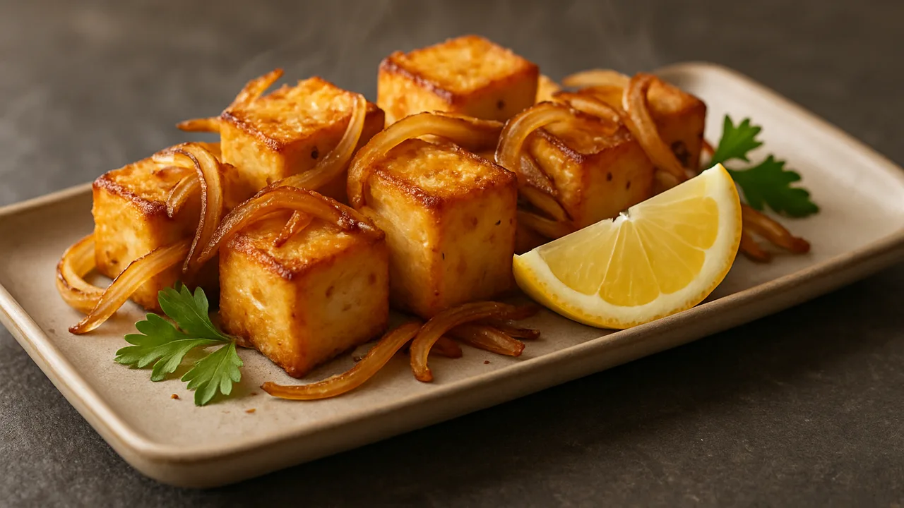 Zitronen-Zwiebel-Tofu-Röstchen aus dem Airfryer mit Tofu und Zwiebeln, auf dunklem Schiefer angerichtet.