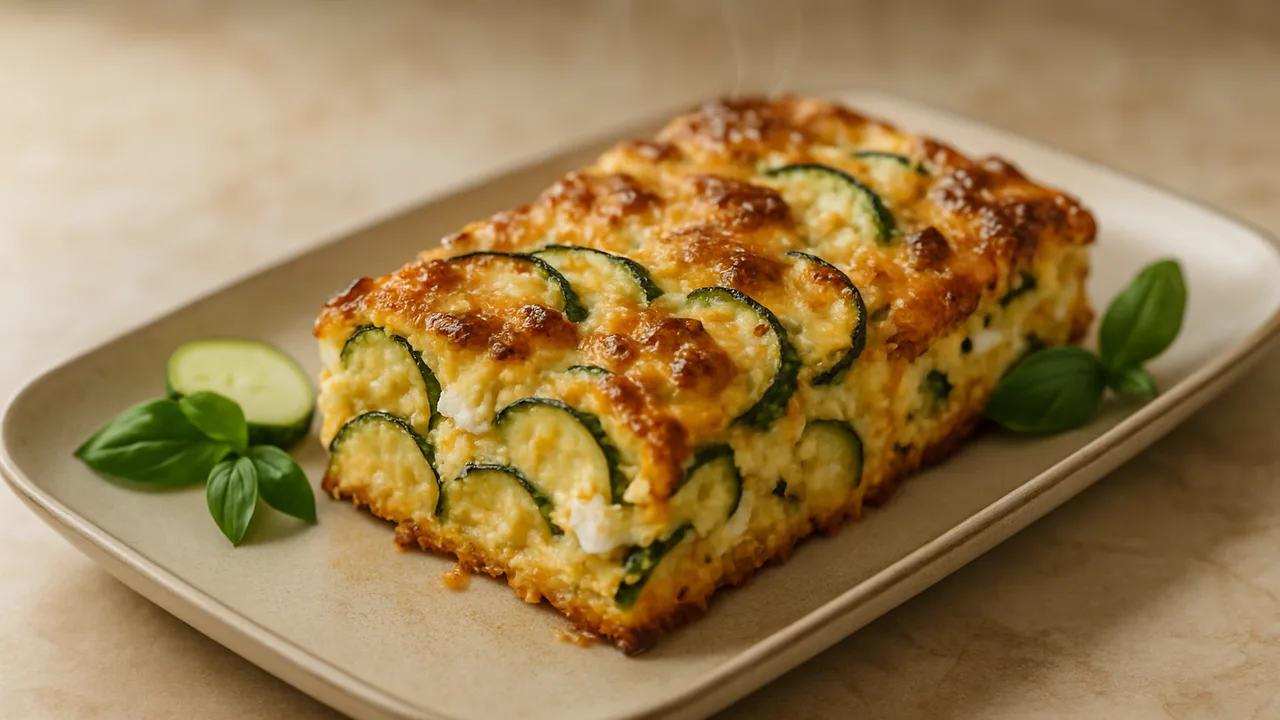 Zucchini-Feta Auflauf aus dem Airfryer mit Zucchini und Feta, auf beigem Marmor angerichtet.