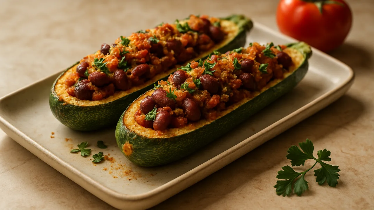 Zucchini gefüllt mit Kidneybohnen und Kräutern aus dem Airfryer mit Zucchini und Kidneybohnen, auf beigem Marmor angerichtet.
