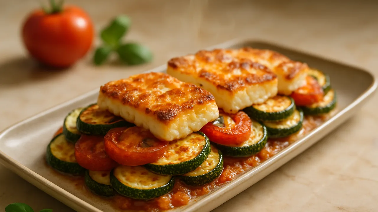 Zucchini-Halloumi Auflauf aus dem Airfryer mit Zucchini und Halloumi, auf beigem Marmor angerichtet.