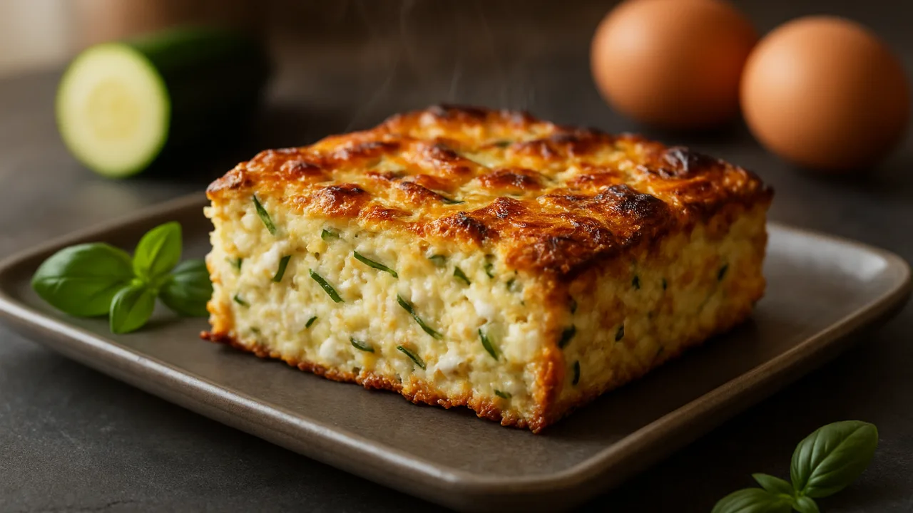 Zucchini-Hüttenkäse-Auflauf aus dem Airfryer mit Zucchini und Hüttenkäse, auf dunklem Schiefer angerichtet.