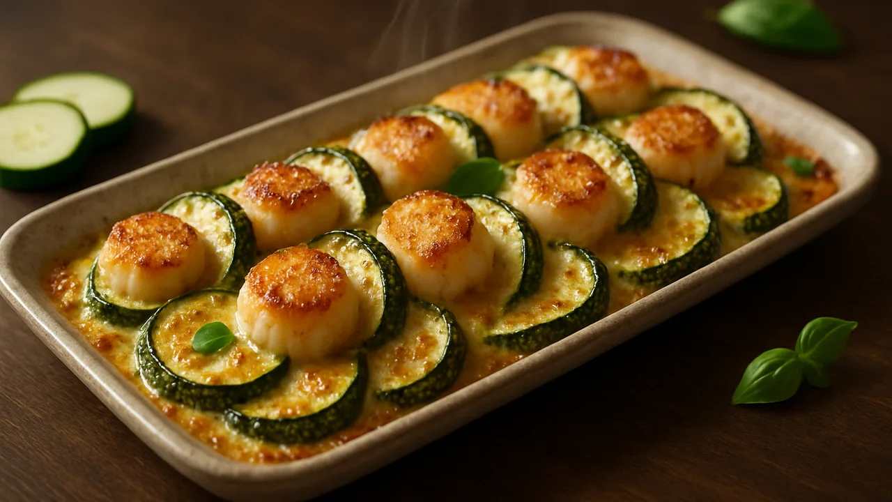 Zucchini-Jakobsmuscheln Auflauf aus dem Airfryer mit Zucchini und Jakobsmuscheln, auf dunklem Walnussholz angerichtet.