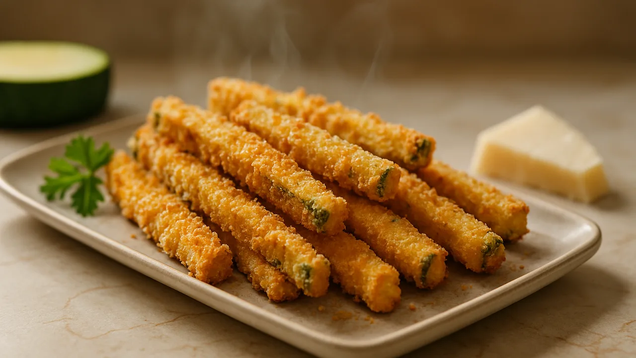Zucchini-Pommes mit Parmesan-Panade aus dem Airfryer mit Zucchini und Eier, auf beigem Marmor angerichtet.