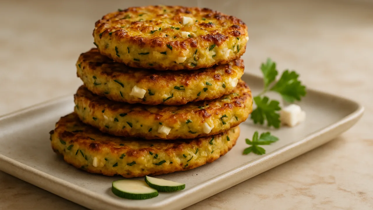 Zucchini-Puffer mit Feta aus dem Airfryer mit Zucchini und Feta, auf beigem Marmor angerichtet.