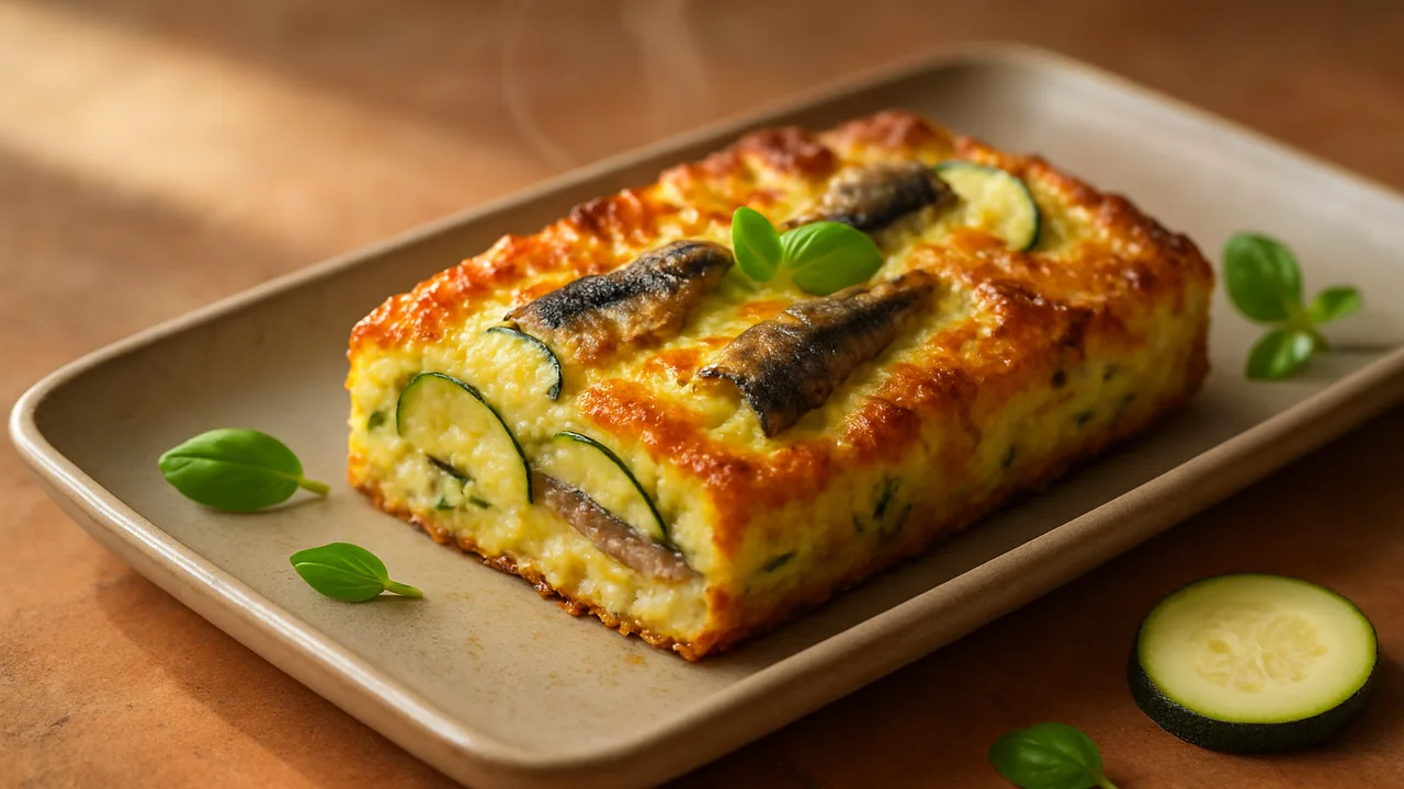 Zucchini-Sardinen Auflauf aus dem Airfryer mit Zucchini und Sardinen in Olivenöl, auf Terracotta-Fliesen angerichtet.