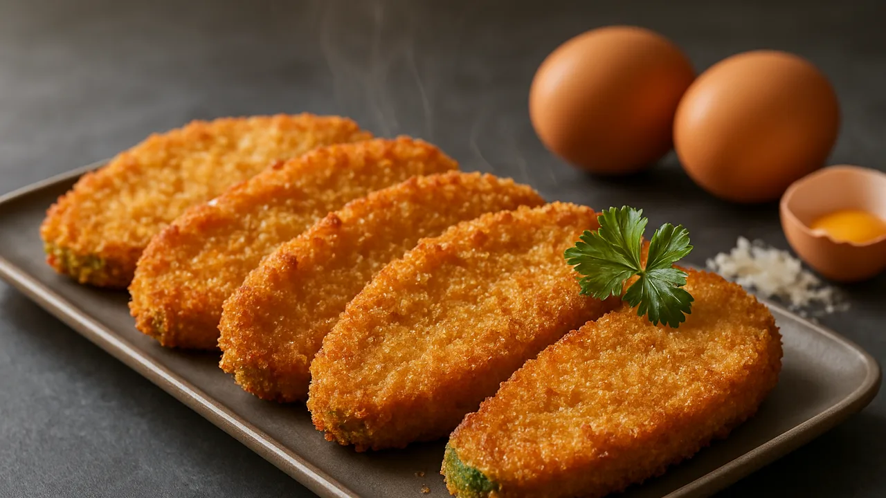 Zucchini-Schnitzel vegetarisch mit Parmesan-Panade aus dem Airfryer mit Zucchini und Eier, auf dunklem Schiefer angerichtet.