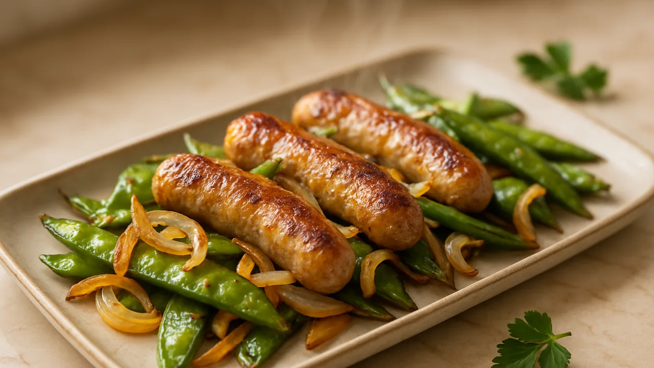 Zuckerschoten-Bratwurst-Auflauf aus dem Airfryer mit Bratwurst und Zuckerschoten, auf beigem Marmor angerichtet.