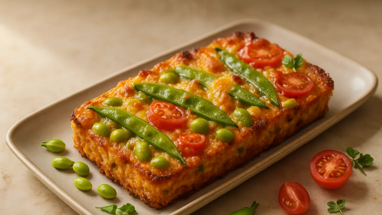 Zuckerschoten-Edamame-Auflauf aus dem Airfryer mit Edamame, ausgelöst und Zuckerschoten, auf beigem Marmor angerichtet.