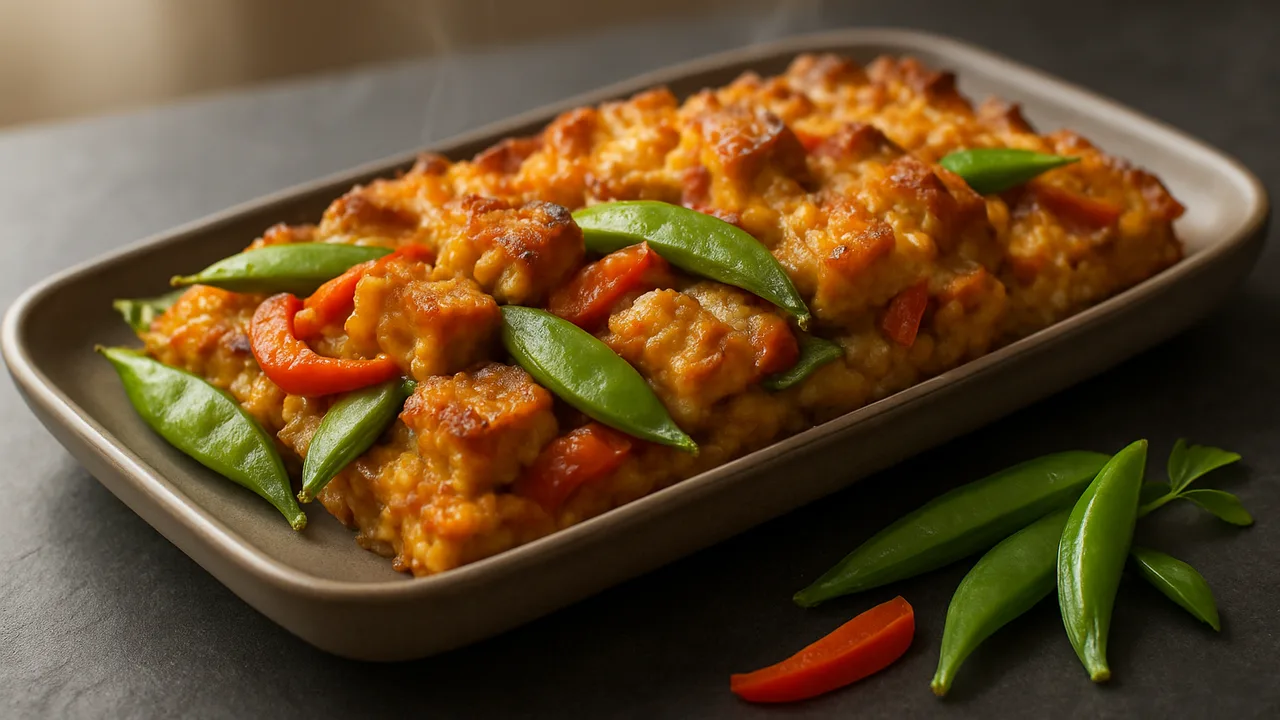 Zuckerschoten-Tempeh-Auflauf aus dem Airfryer mit Tempeh und Zuckerschoten, auf dunklem Schiefer angerichtet.