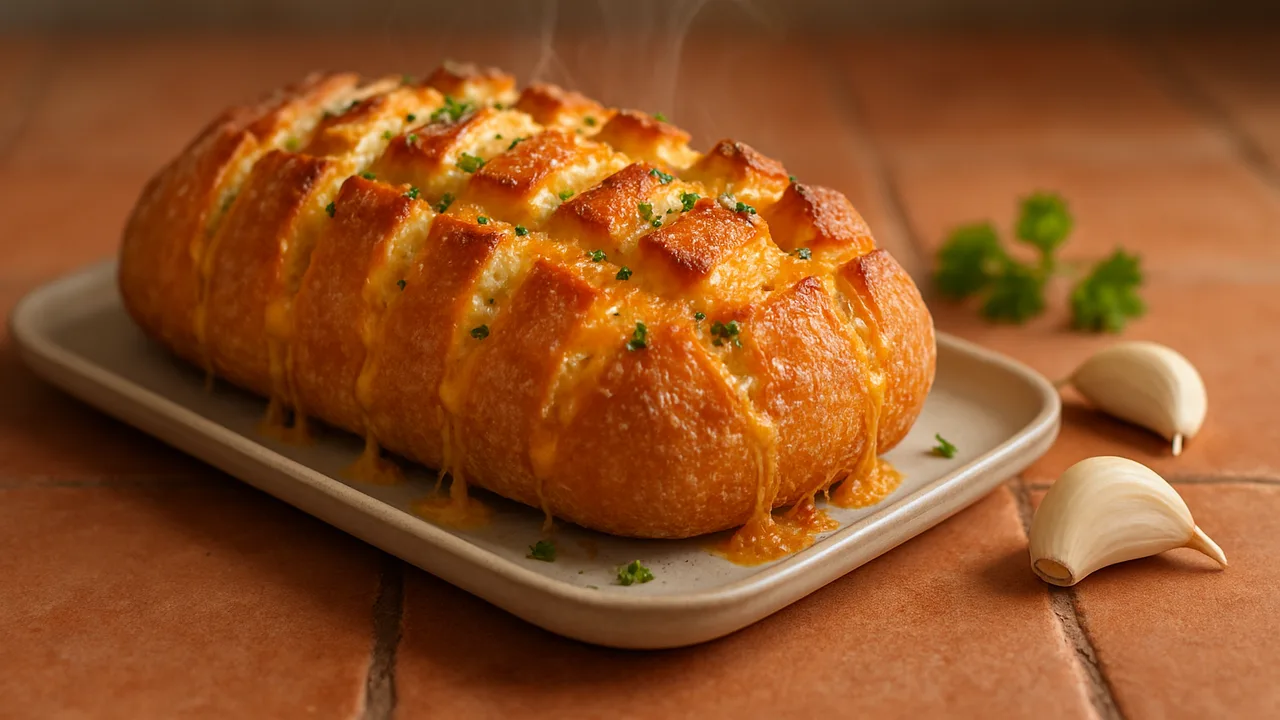 Zupfbrot mit Käse und Knoblauch aus dem Airfryer mit Ciabatta-Brot und Gouda, gerieben, auf Terracotta-Fliesen angerichtet.