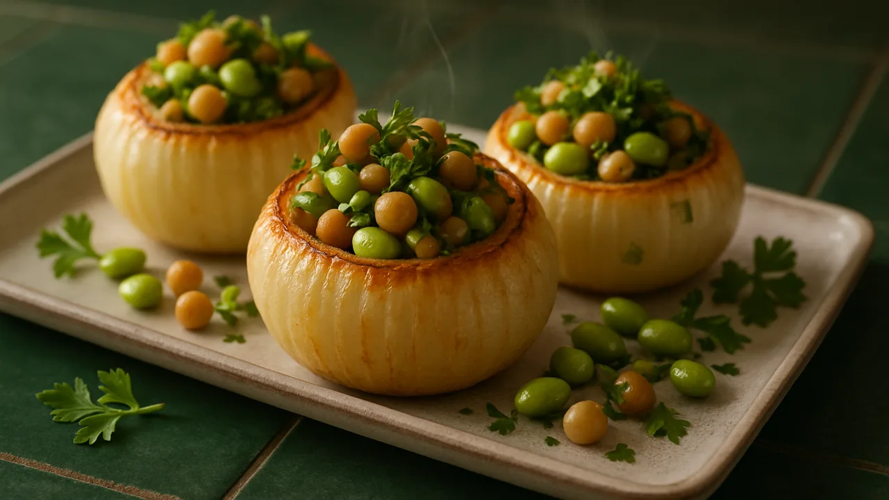 Gefüllte Zwiebeln mit Edamame und Kräutern aus dem Airfryer mit große Zwiebeln und Edamame, auf dunkelgrünen Fliesen …