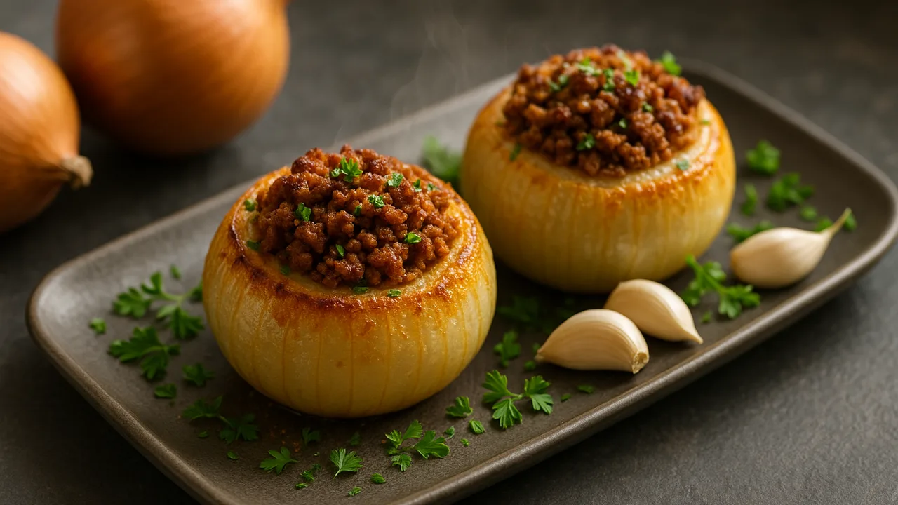Zwiebel gefüllt mit Veggie-Hack und Kräutern aus dem Airfryer mit große Zwiebeln und Veggie-Hack, auf dunklem Schiefer …