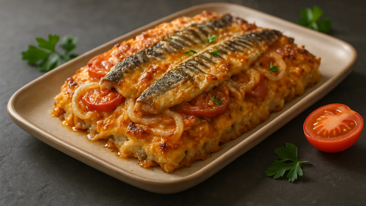 Zwiebel-Makrele-Auflauf aus dem Airfryer mit Makrelenfilets und Zwiebeln, auf dunklem Schiefer angerichtet.