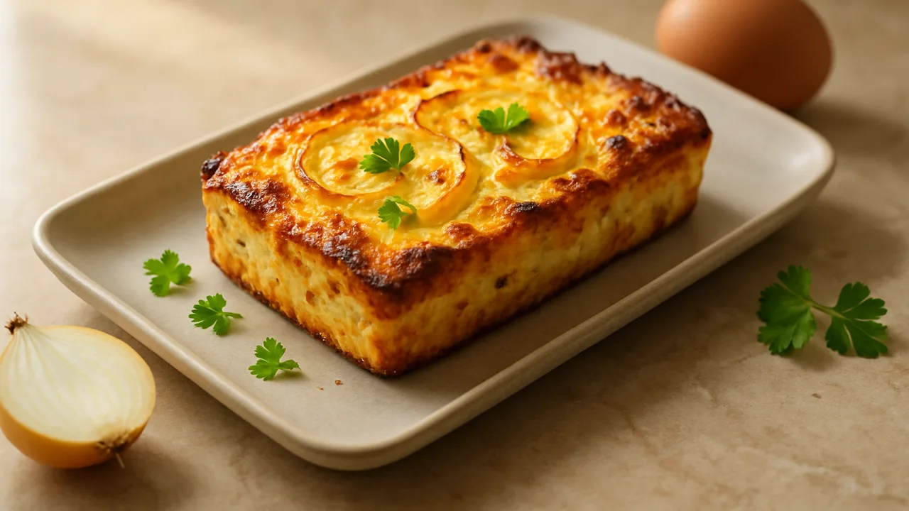 Zwiebel-Quark-Auflauf aus dem Airfryer mit Quark und Zwiebeln, auf beigem Marmor angerichtet.