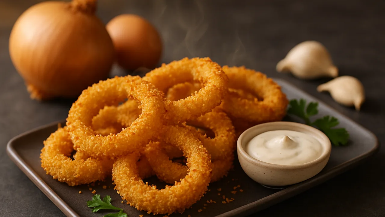 Zwiebelringe in Panko-Panade mit Dip aus dem Airfryer mit große Gemüsezwiebeln und Eier, auf dunklem Schiefer angerichtet.