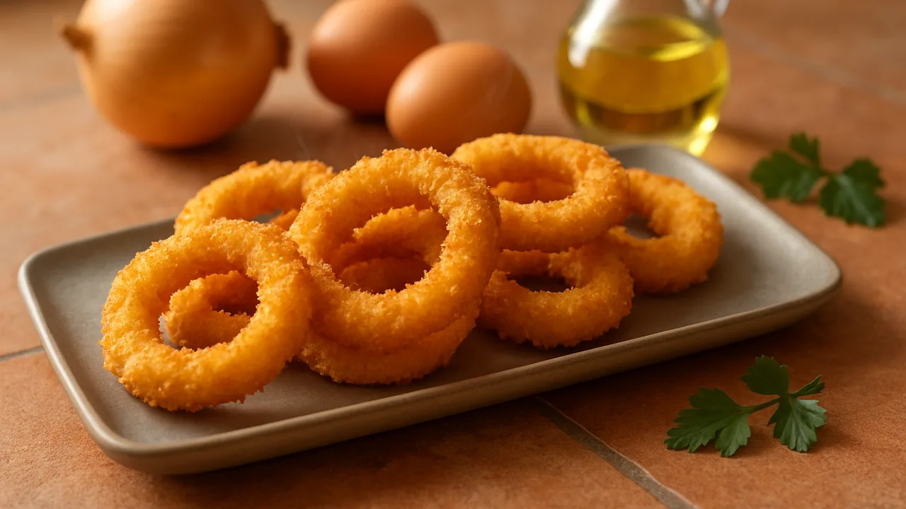Zwiebelringe knusprig – Onion Rings aus dem Airfryer mit große Zwiebeln und Eier, auf Terracotta-Fliesen angerichtet.